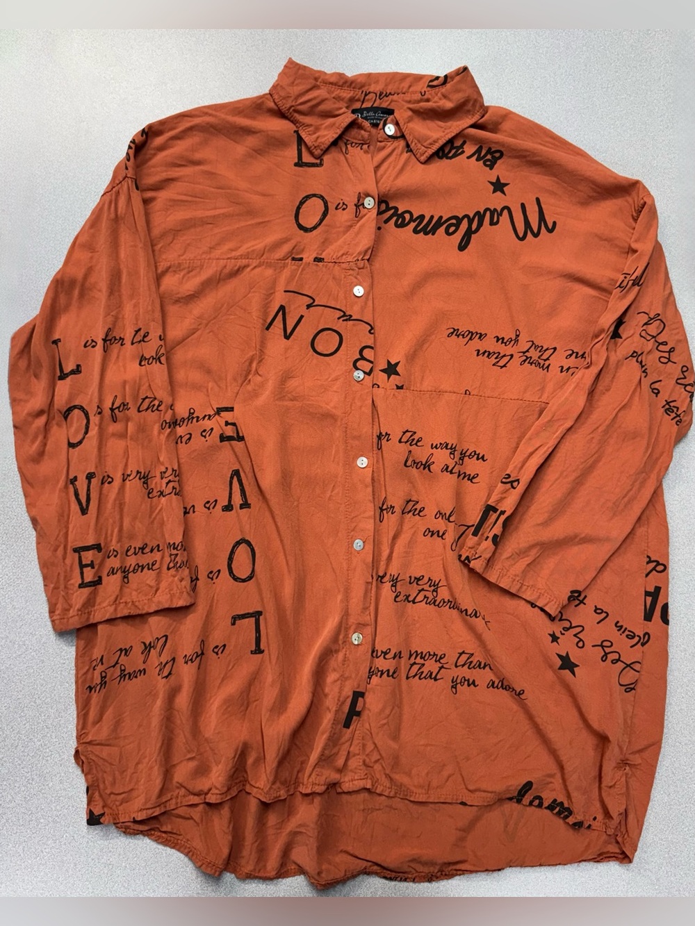 Bella Amore Italy Oversized Rust Orange Tunic with Black Text Print Bohemian